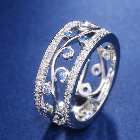 Eternity Dainty Sea Blue Gems Twisted Vines Trendy Rings for Women, PD542 - Picture 2 of 7